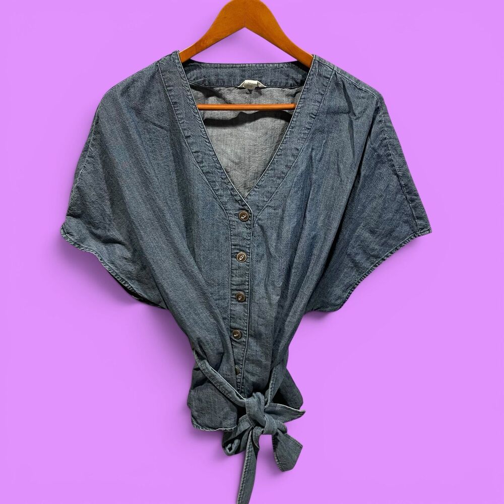 Cute Caslon denim chunky button blouse wide belt bat wing Y2K style top